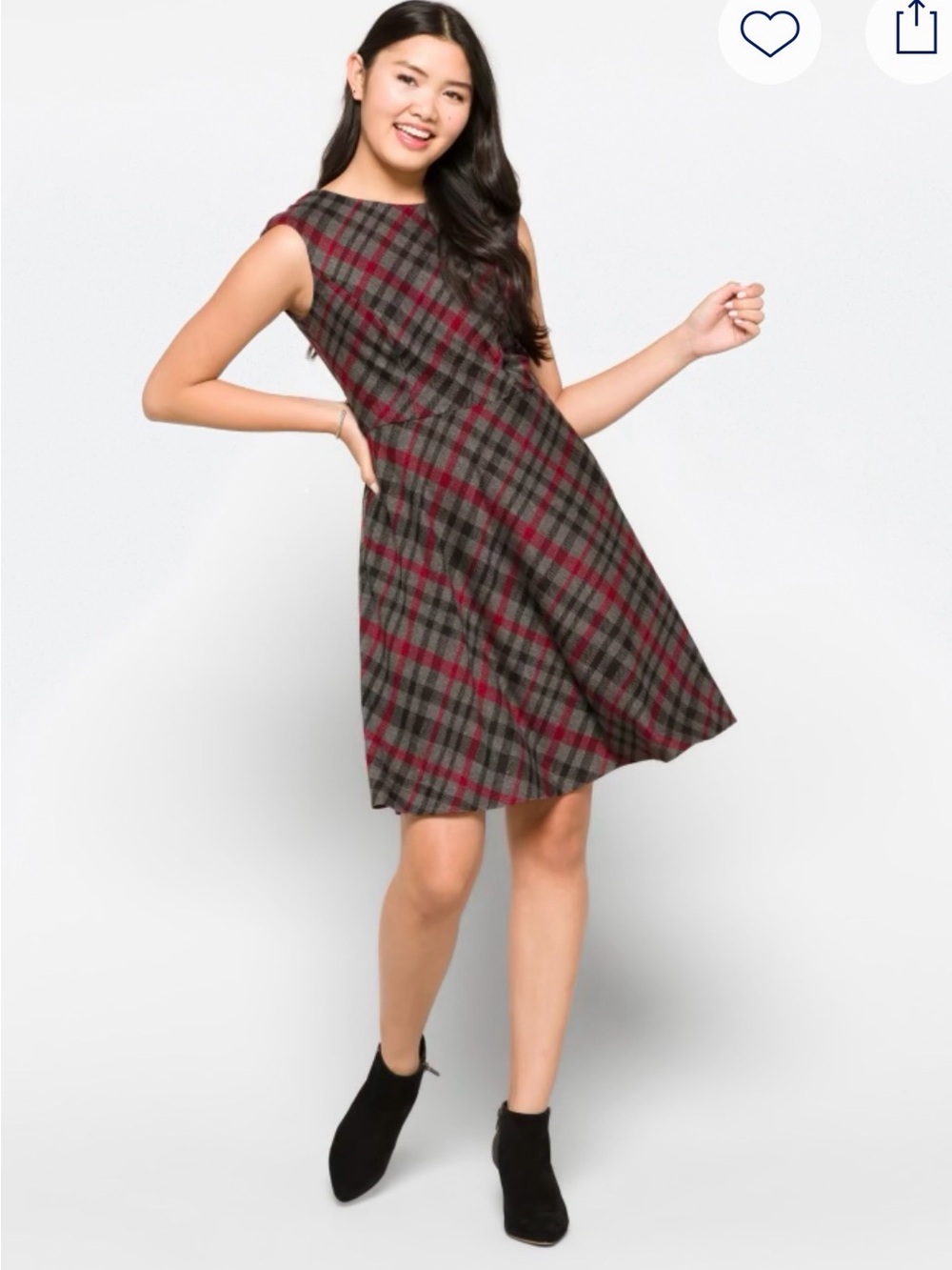 Plaid Fit & Flare Sleeveless Dress Gray Burgundy Lined Like New